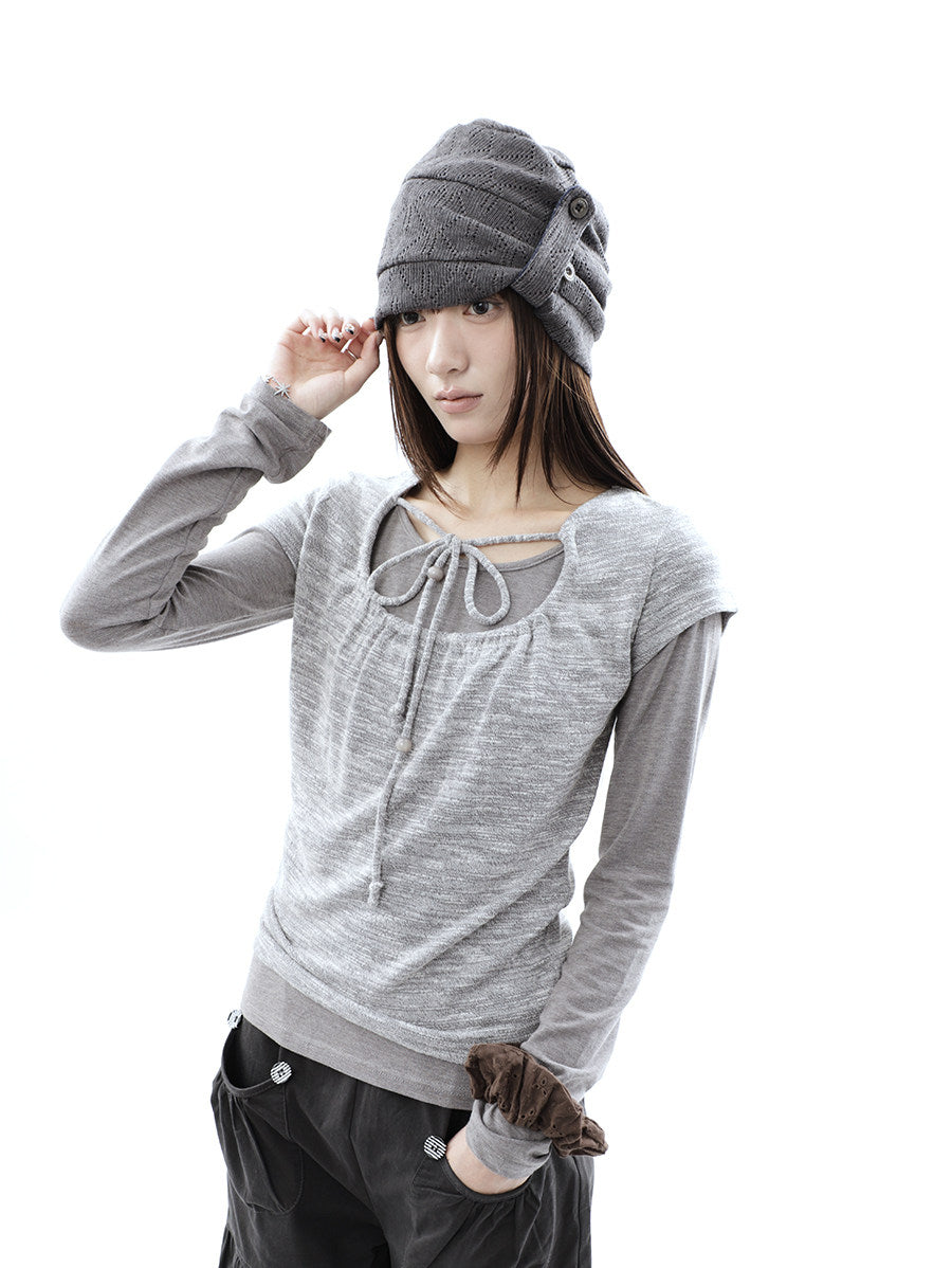 Tie-Front Textured Top & Long Sleeve Two-Piece Set