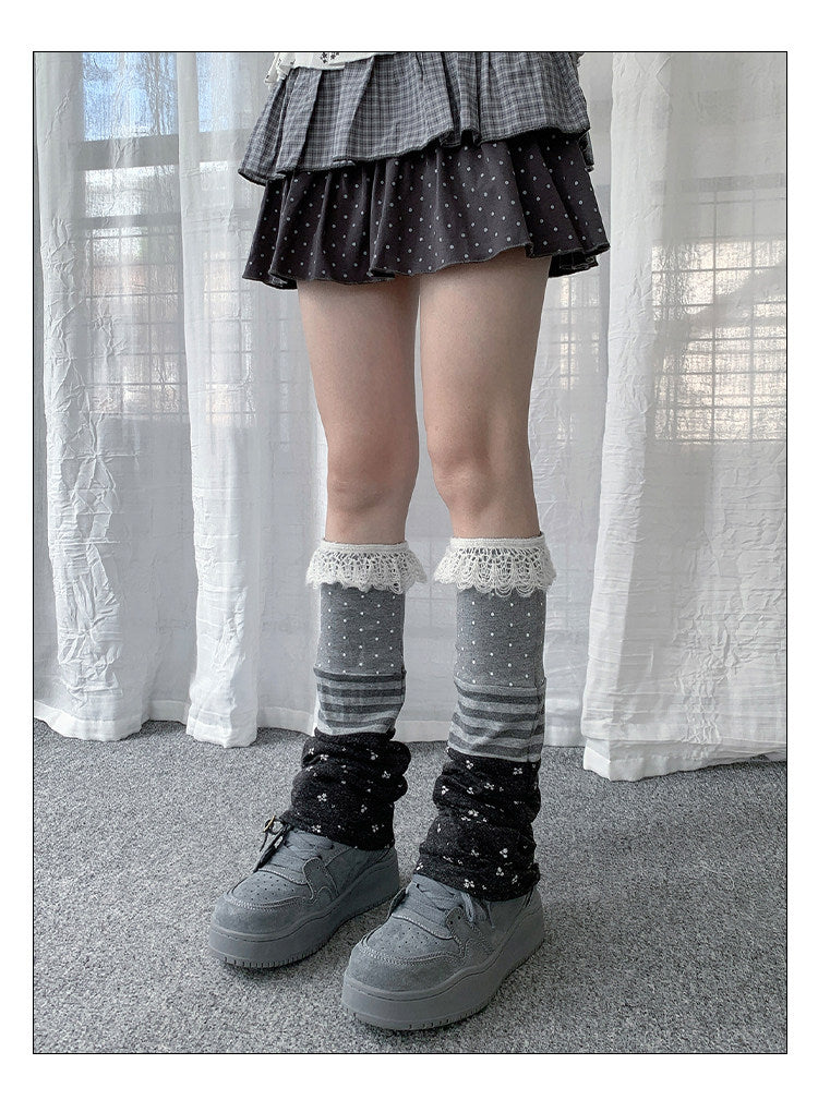 Lace Polka Dot Stripe Patchwork Leg Warmers