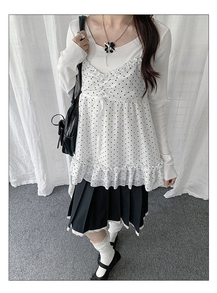 Polka Dot Lace Cami & Long Sleeve Two-Piece Set