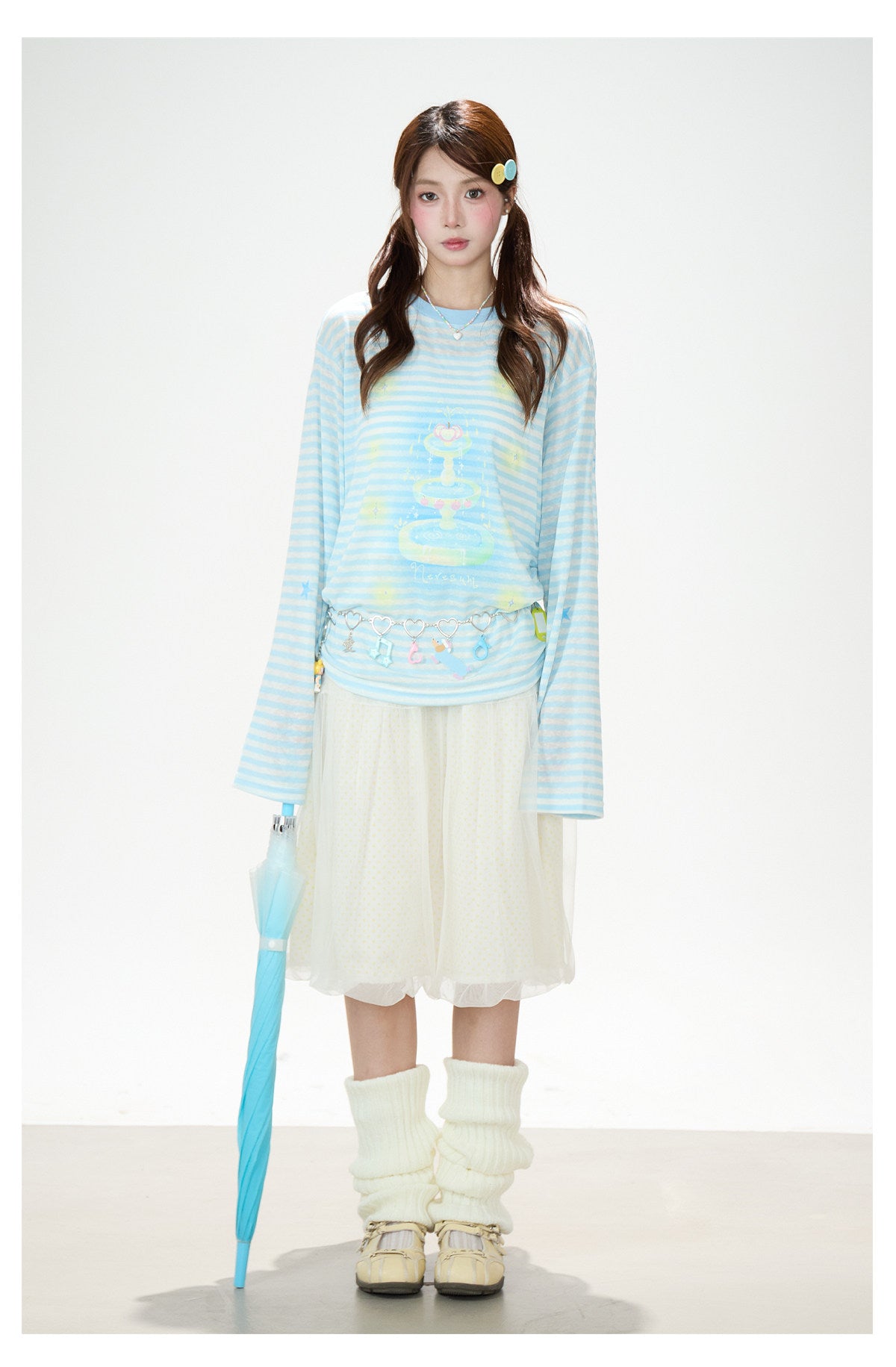 Pastel Stripe Cartoon Drawstring Long Sleeve Top & Khaki Wide-Leg Pants