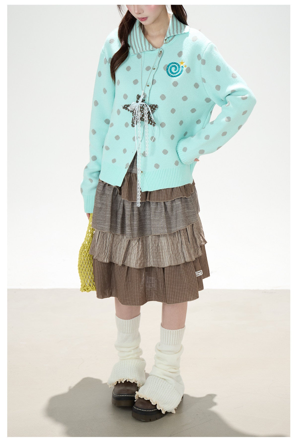 Polka-Dot Asymmetric Knit Cardigan & Tiered Midi Skirt