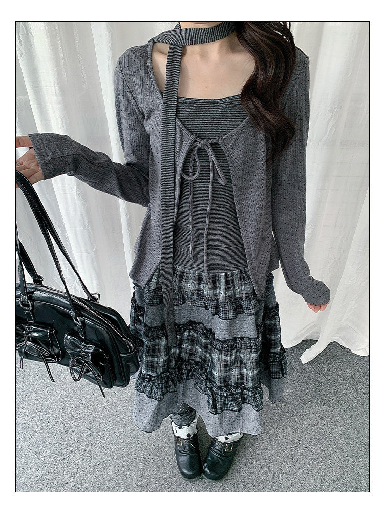 Polka Dot Tie-Front Layered Long Sleeve Top