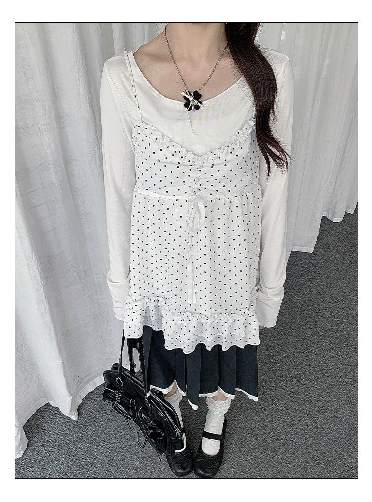 Polka Dot Lace Cami & Long Sleeve Two-Piece Set