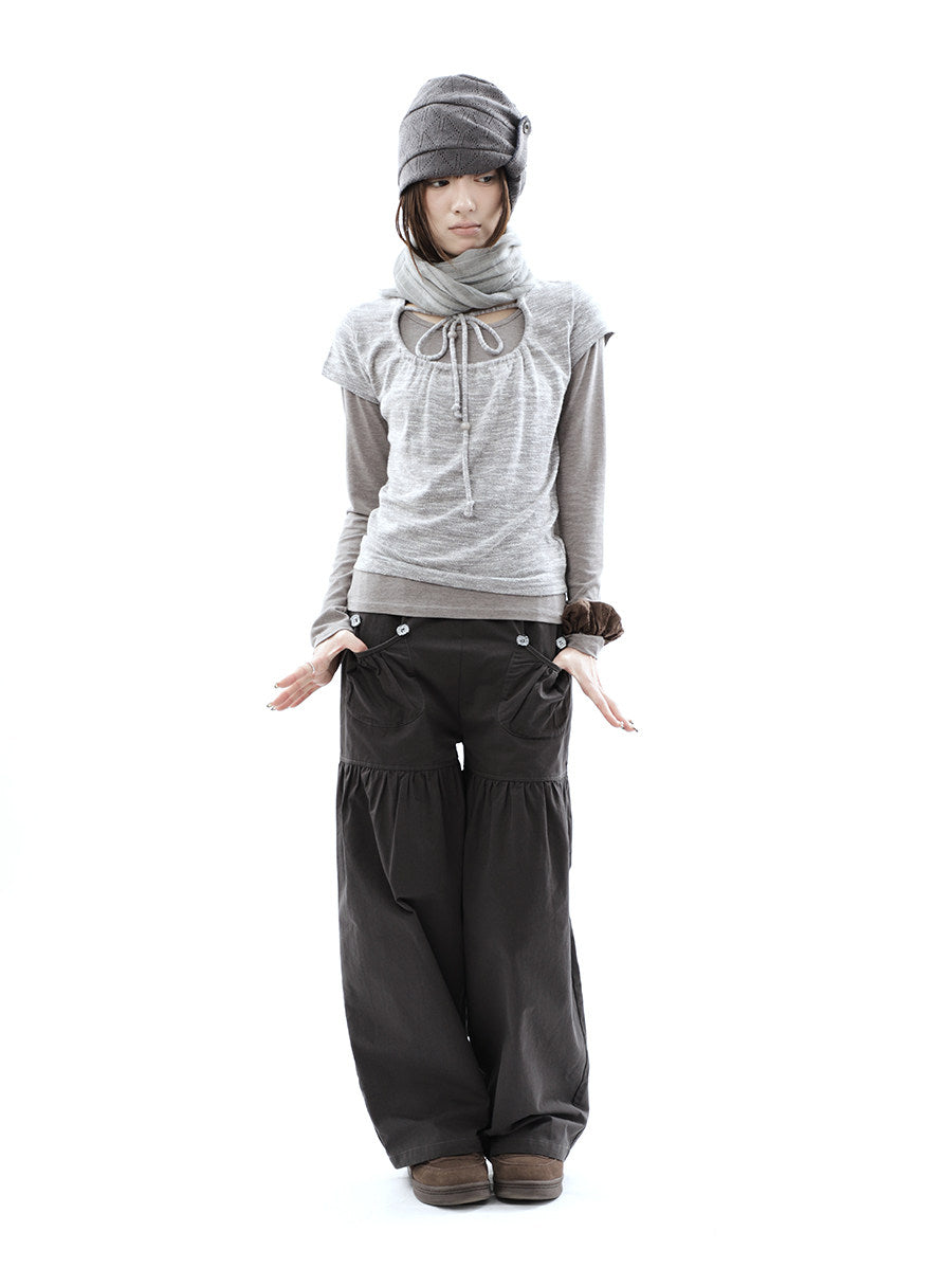 Tie-Front Textured Top & Long Sleeve Two-Piece Set