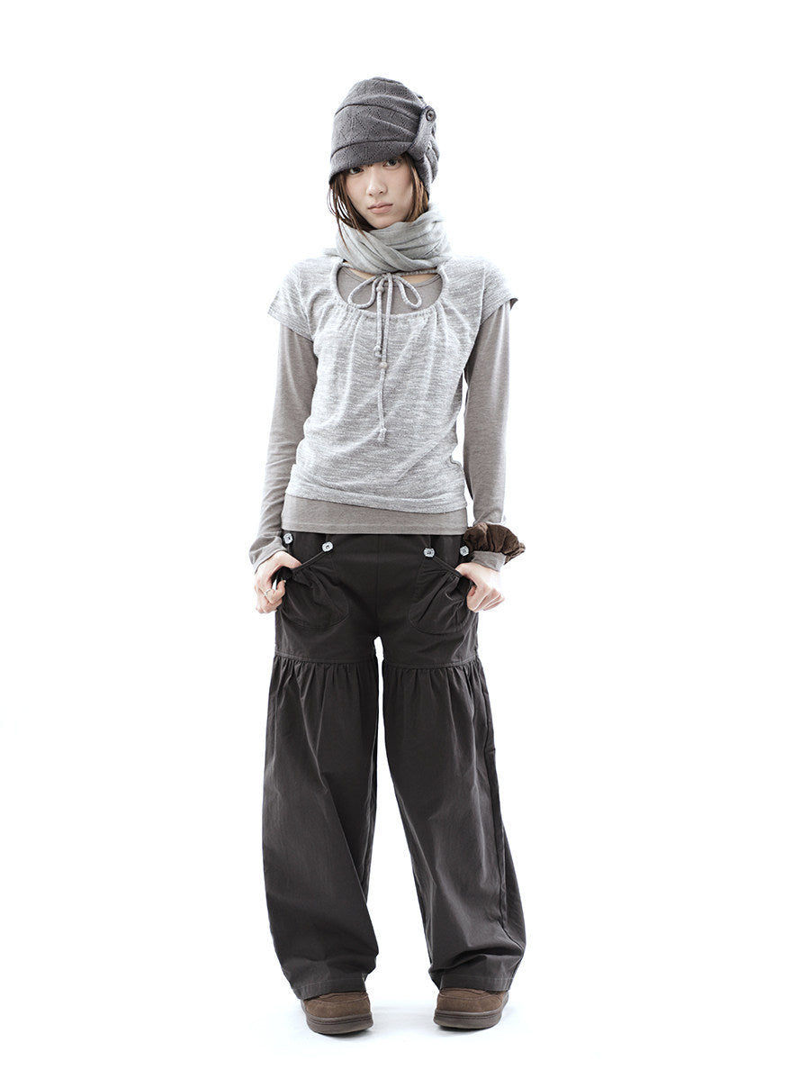 Tie-Front Textured Top & Long Sleeve Two-Piece Set