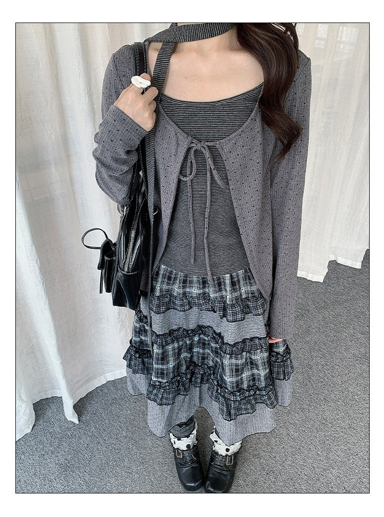 Polka Dot Tie-Front Layered Long Sleeve Top