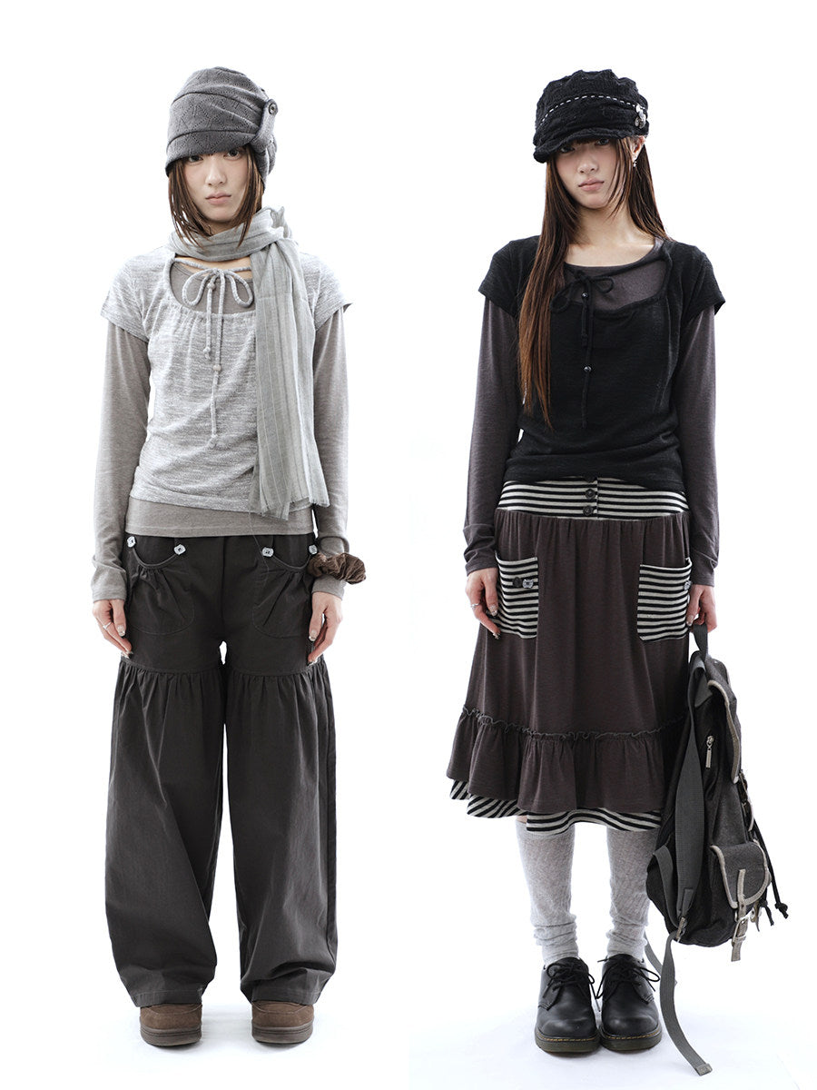 Tie-Front Textured Top & Long Sleeve Two-Piece Set