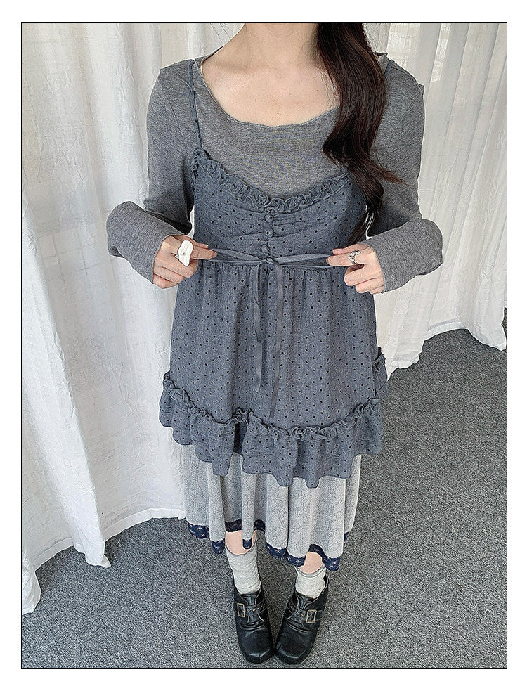 Polka Dot Lace Cami & Long Sleeve Two-Piece Set