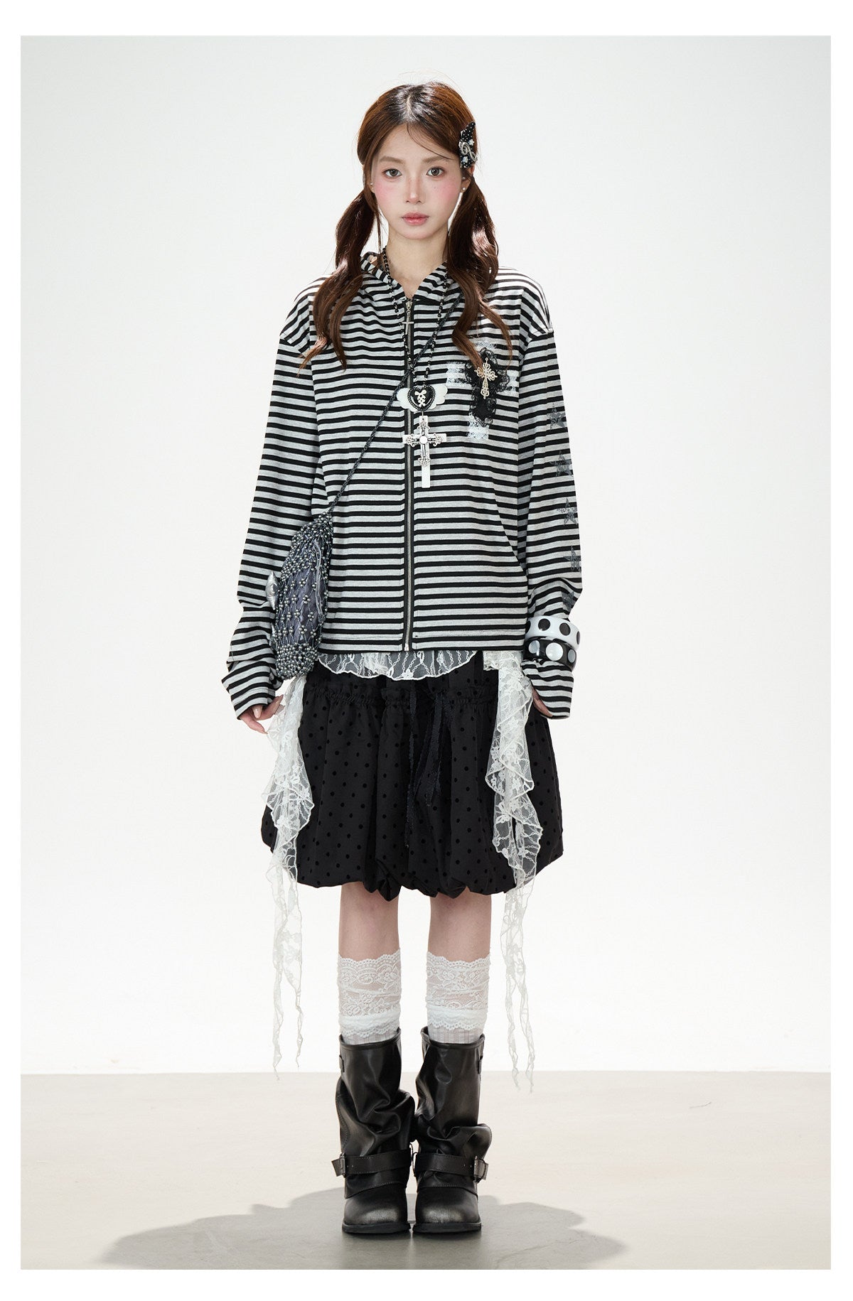 Lace Cross Stripe Zip-Up Hoodie & Black Polka-Dot Ruffle Midi Skirt