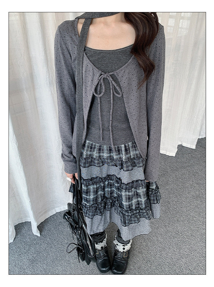 Polka Dot Tie-Front Layered Long Sleeve Top