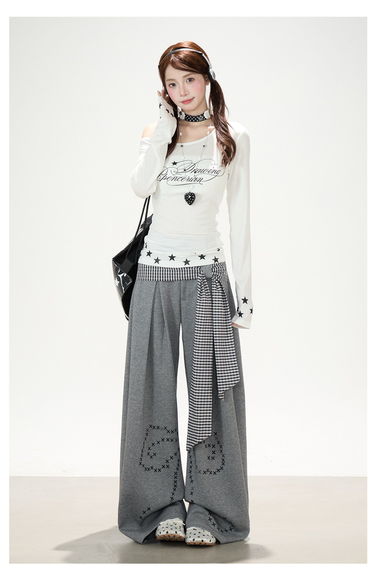 Plaid Tie-Panel Wide-Leg Sweatpants