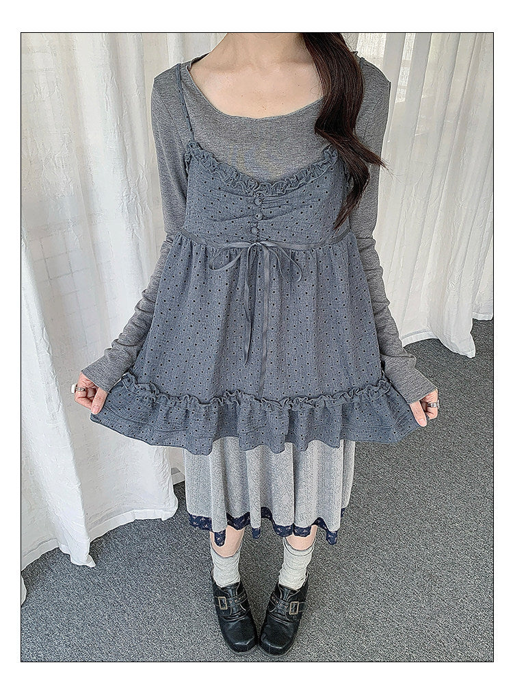 Polka Dot Lace Cami & Long Sleeve Two-Piece Set