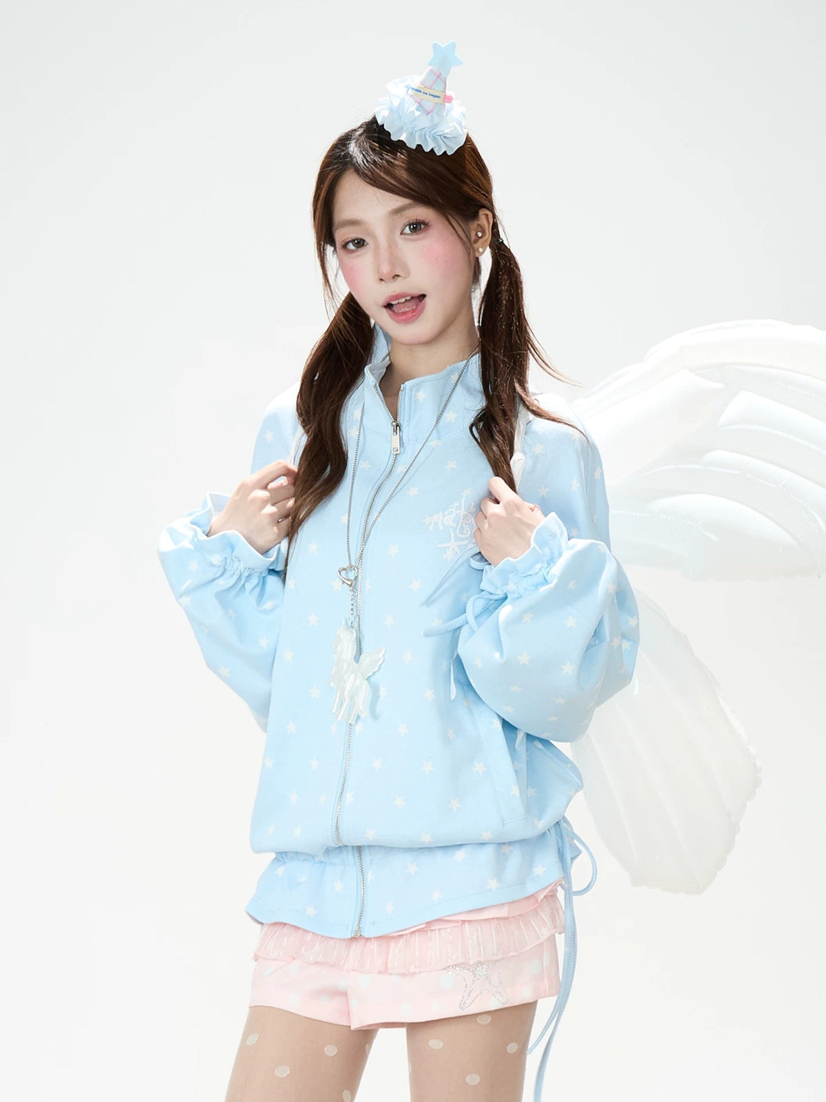 Allover Star Zip-Up Sweatshirt Jacket & Blue Plaid Tiered Midi Skirt
