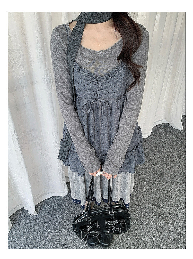 Polka Dot Lace Cami & Long Sleeve Two-Piece Set