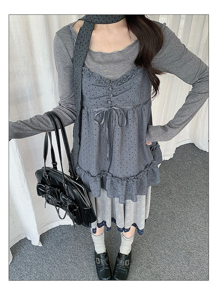 Polka Dot Lace Cami & Long Sleeve Two-Piece Set