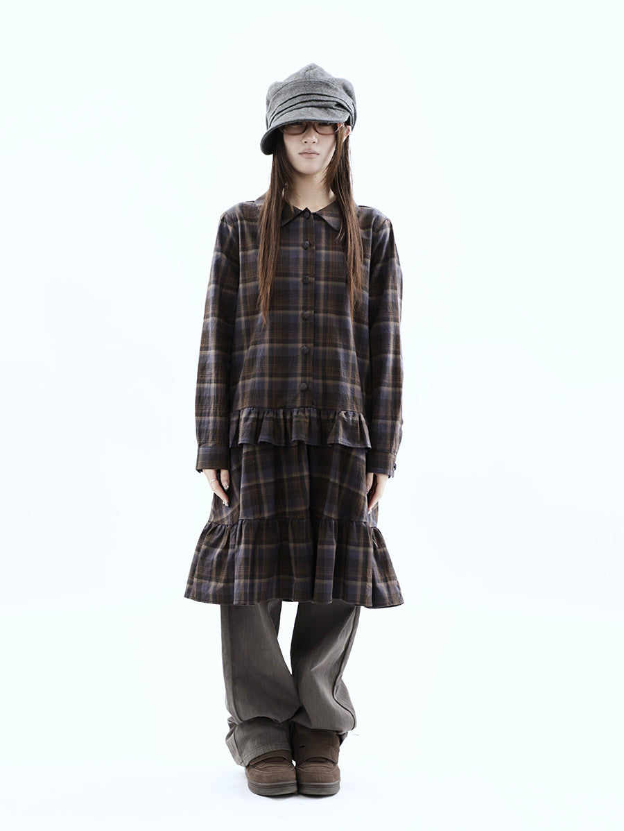 Plaid Ruffle-Hem Long Sleeve Shirt Dress