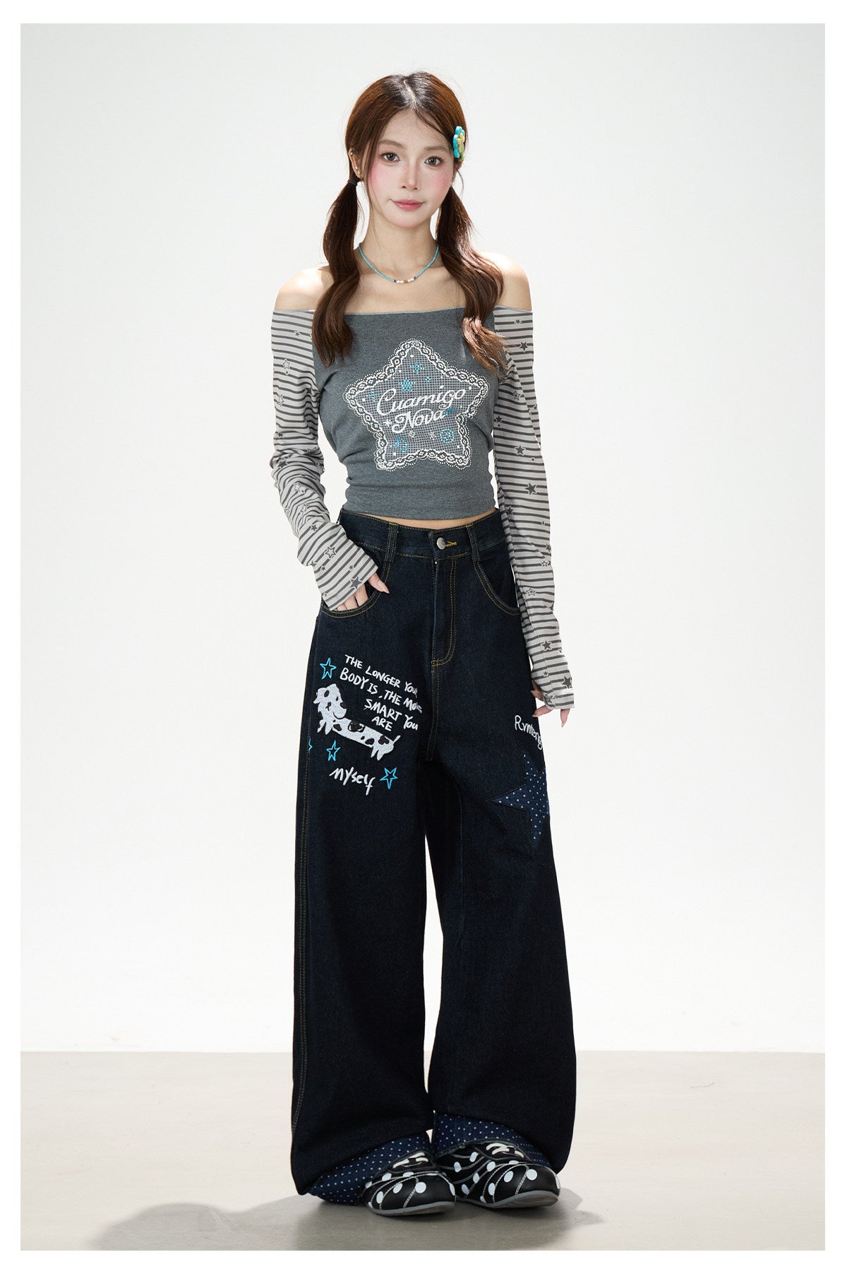 Puppy & Star Graphic Washed Wide-Leg Jeans