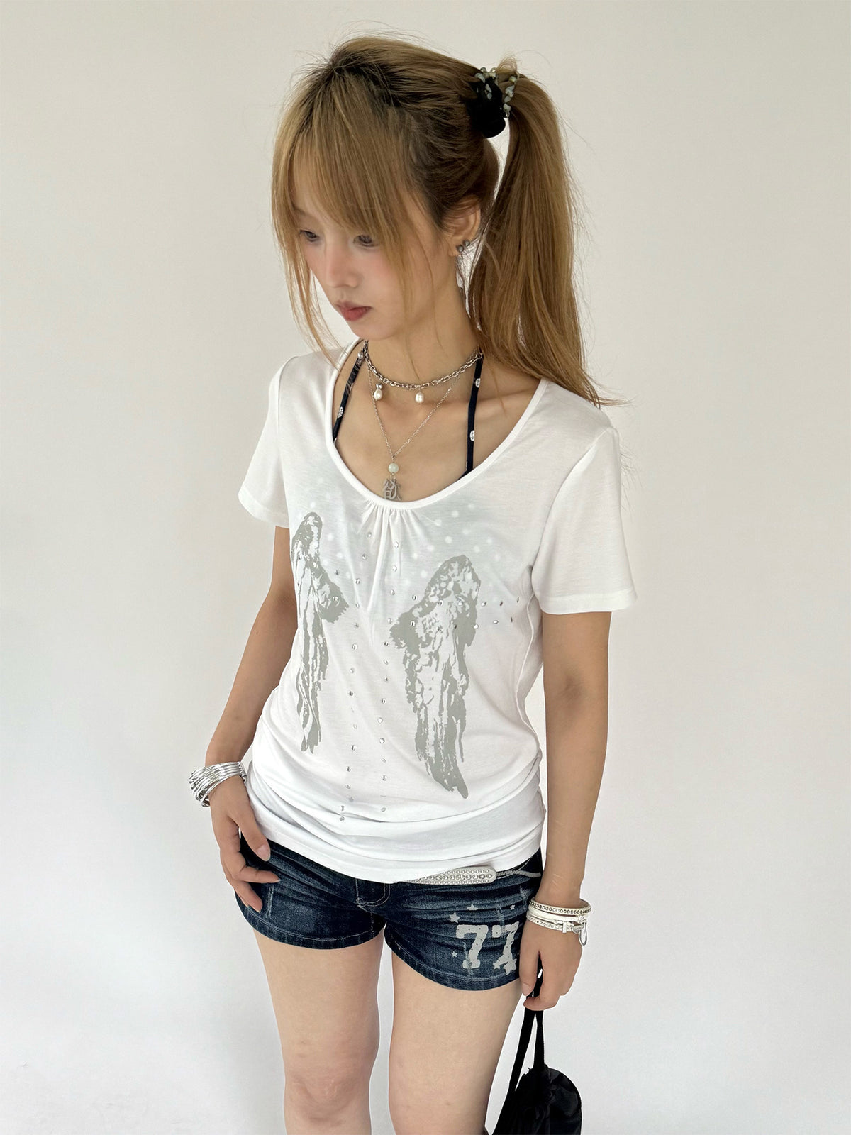 Angel Wing Rhinestone Ruched Tee