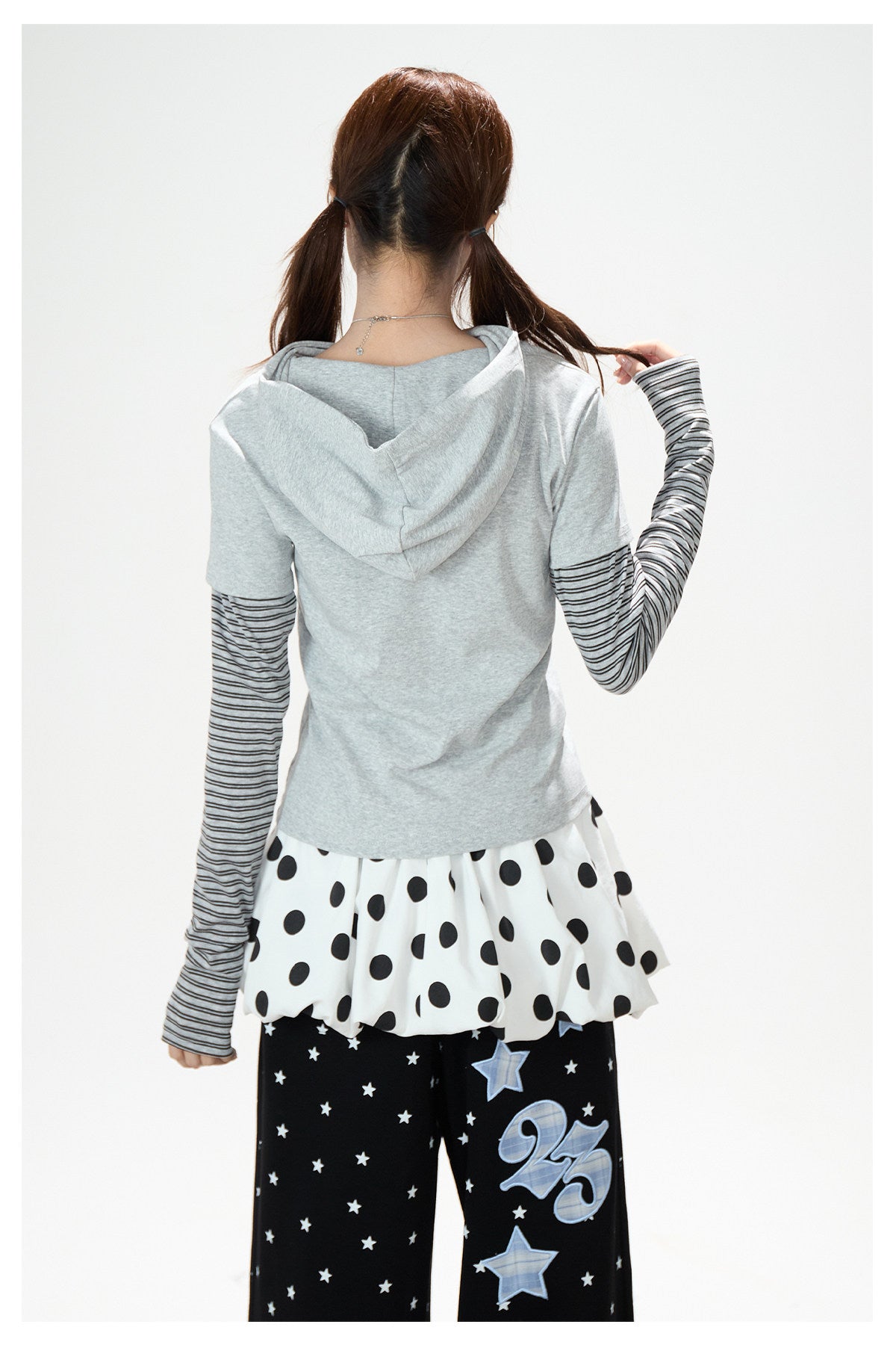Music Note Star Layered Hoodie Top & Polka Dot Tie-Waist Wide-Leg Pants