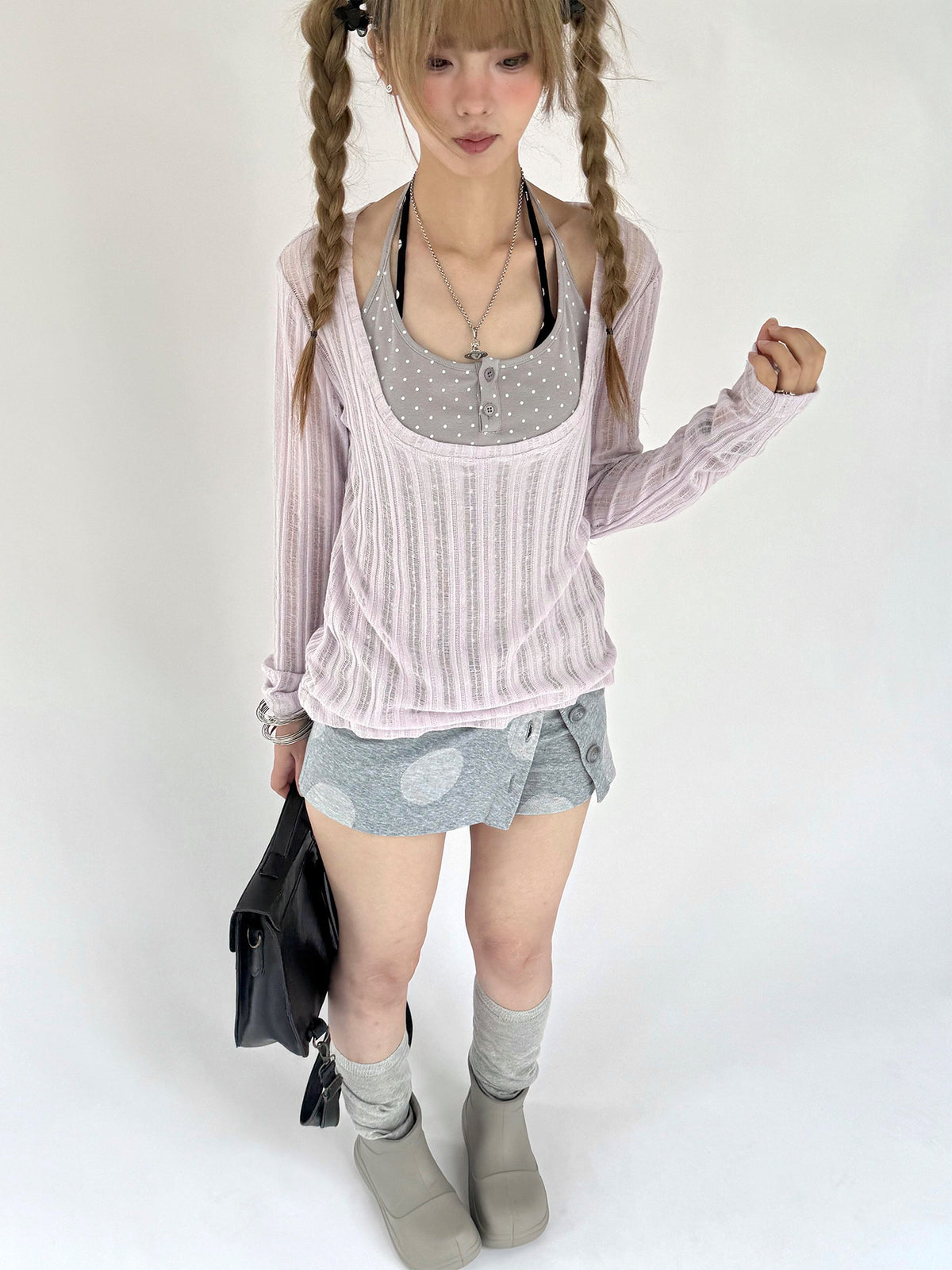 Wisteria Halter-Layered Sheer Long Sleeve Top