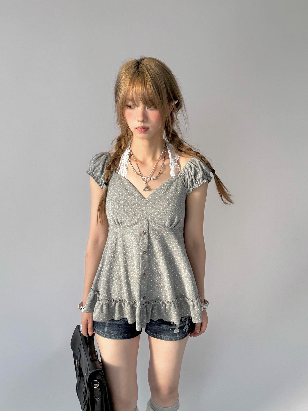 Polka Dot Lace Halter Ruffle Tee