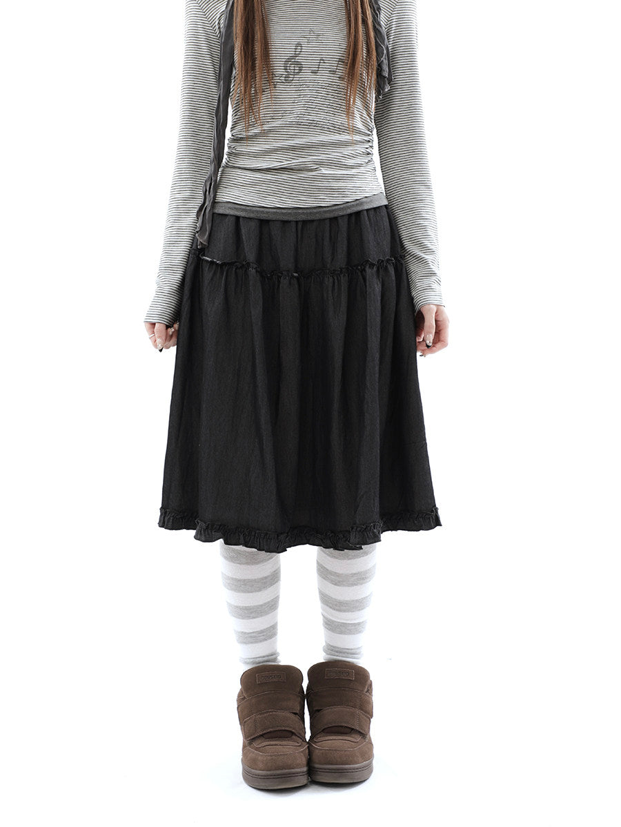 Washed Black Ruffle-Tiered Denim Midi Skirt