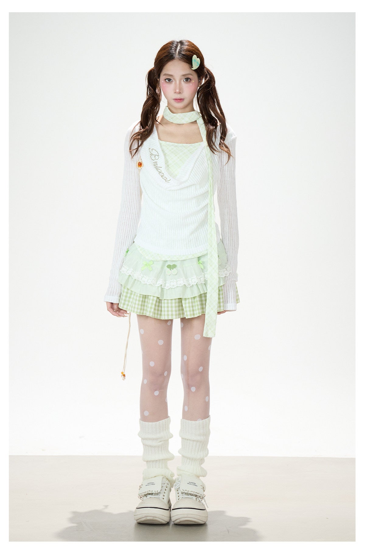 Mint Gingham Layered Knit Long Sleeve Top & Cherry Ruffle Mini Skirt