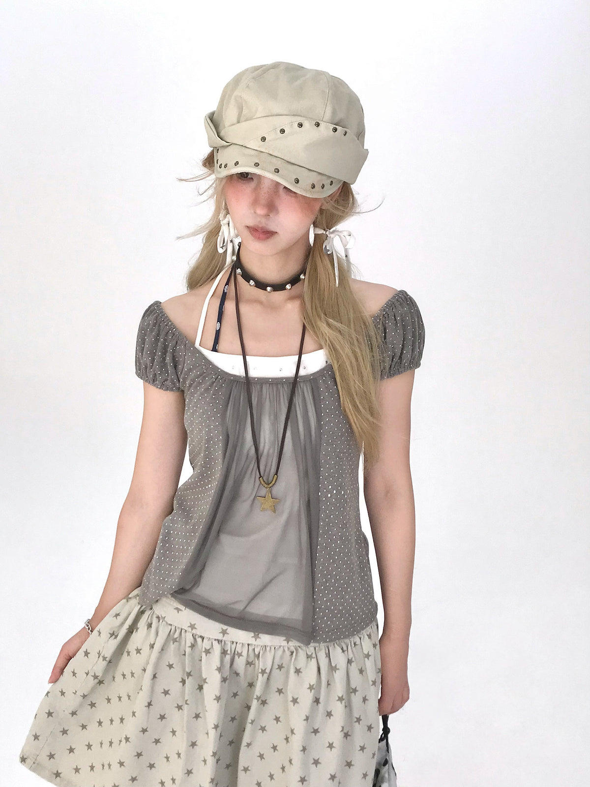 Polka Dot Mesh Panel Faux-Layered Short Sleeve Top