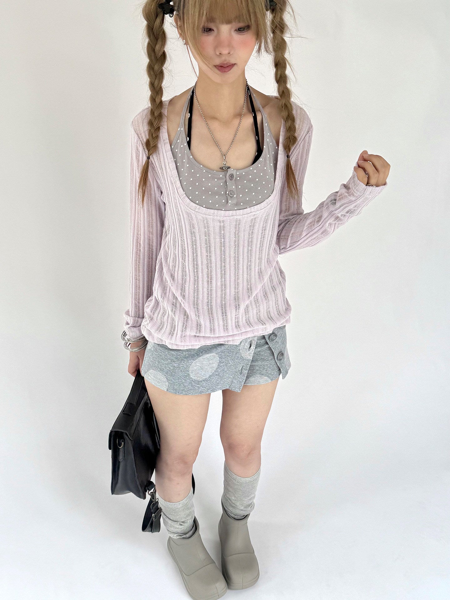 Wisteria Open-Knit Faux-Layer Long Sleeve Top