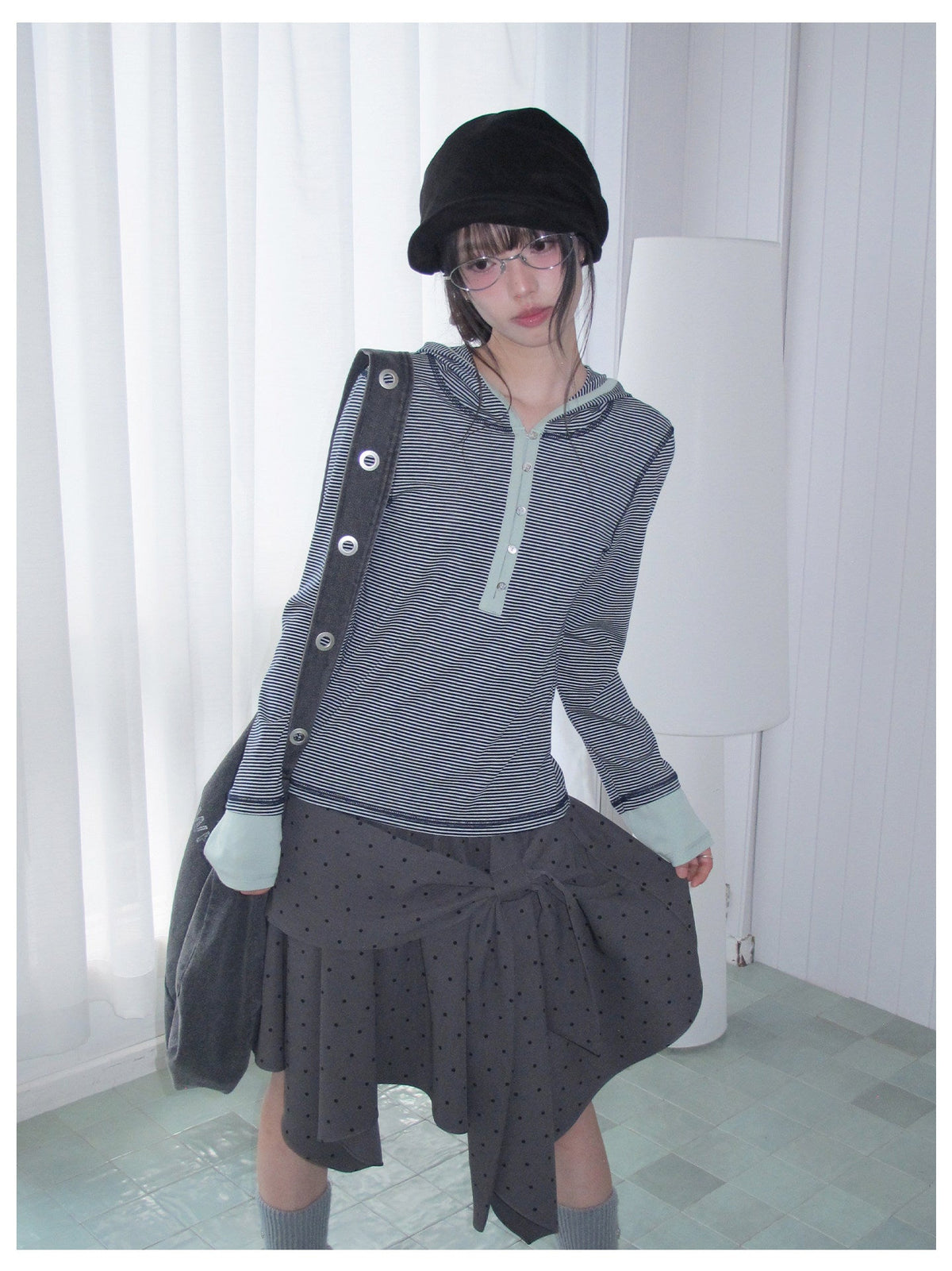 Blue-Gray Stripe Contrast Hooded Long Sleeve Top