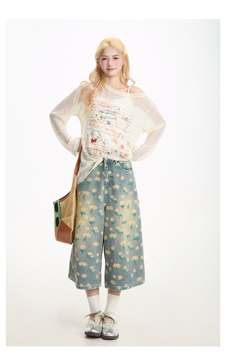 Cat & Puppy Sheer Graphic Long Sleeve Top