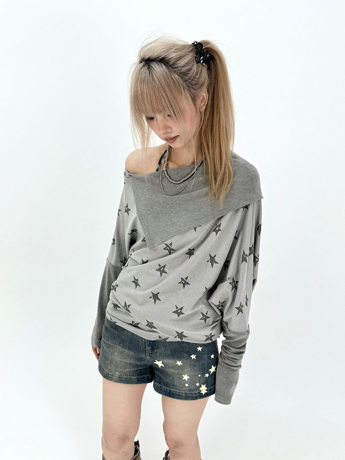 Star Print Draped Off-Shoulder Long Sleeve Top