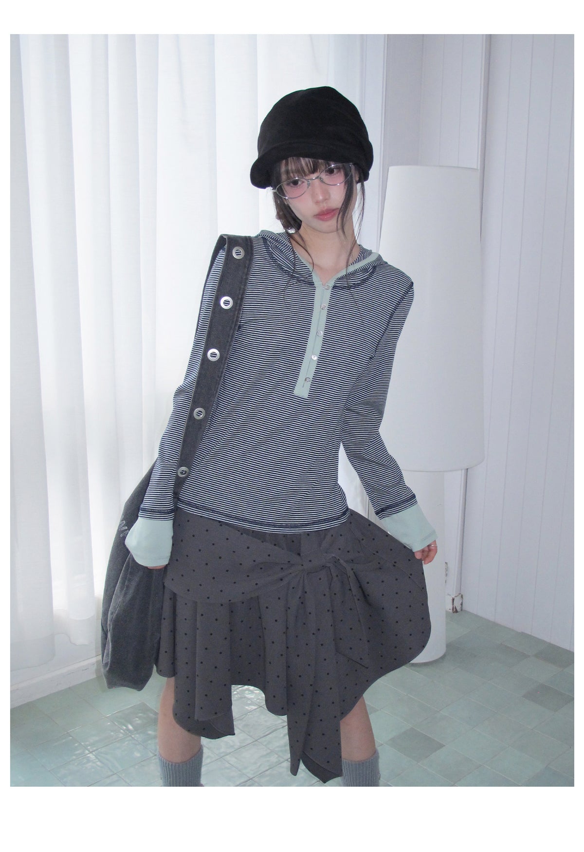 Blue-Gray Stripe Contrast Hooded Long Sleeve Top