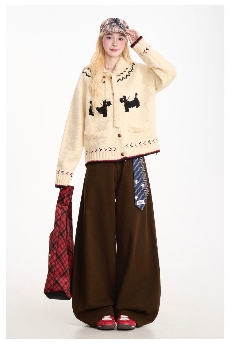 Curved-Leg Wide-Leg Pants with Detachable Tie