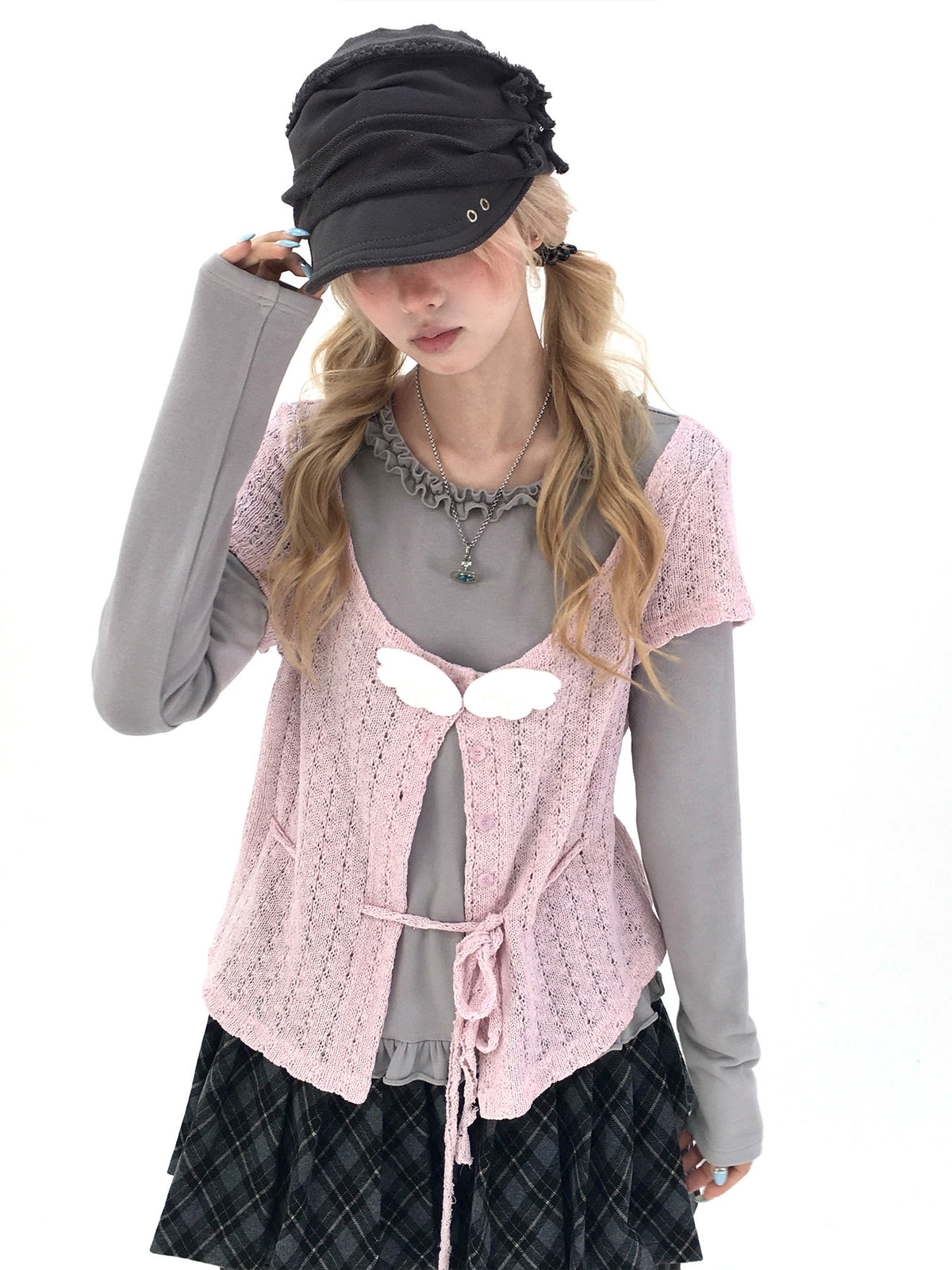 Blush Angel Wing Faux-Layer Knit Long Sleeve Top