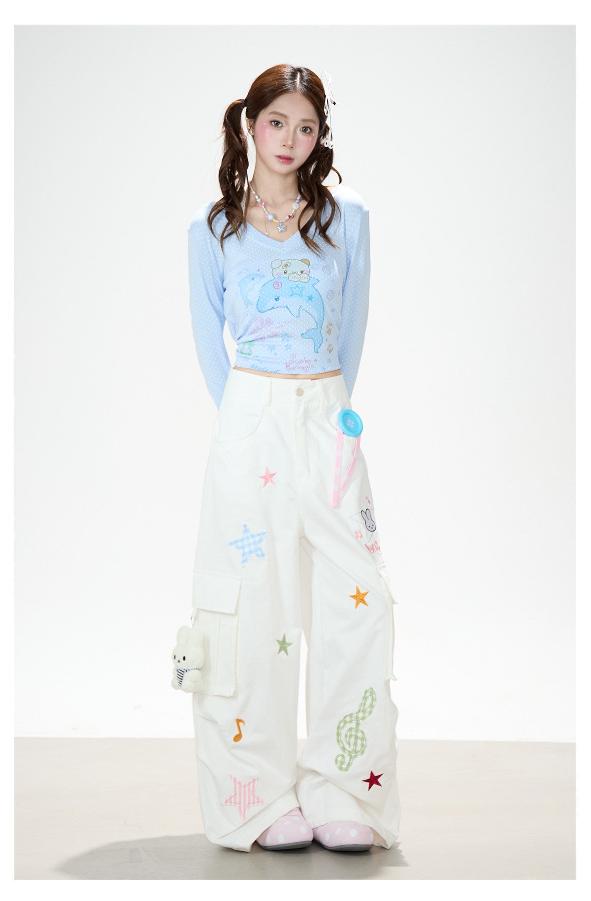 Cartoon Patch Embroidered Wide-Leg Cargo Pants