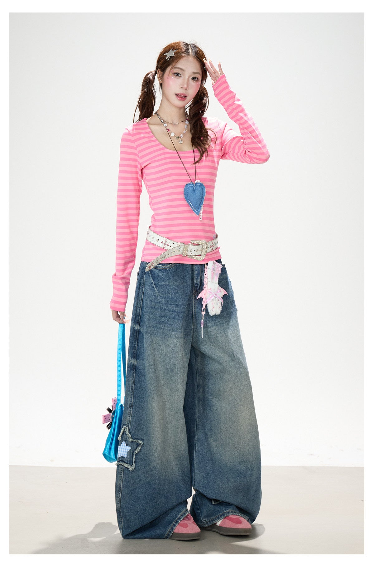 Pink Stripe U-Neck Long Sleeve Top & Star Patch Wide-Leg Jeans