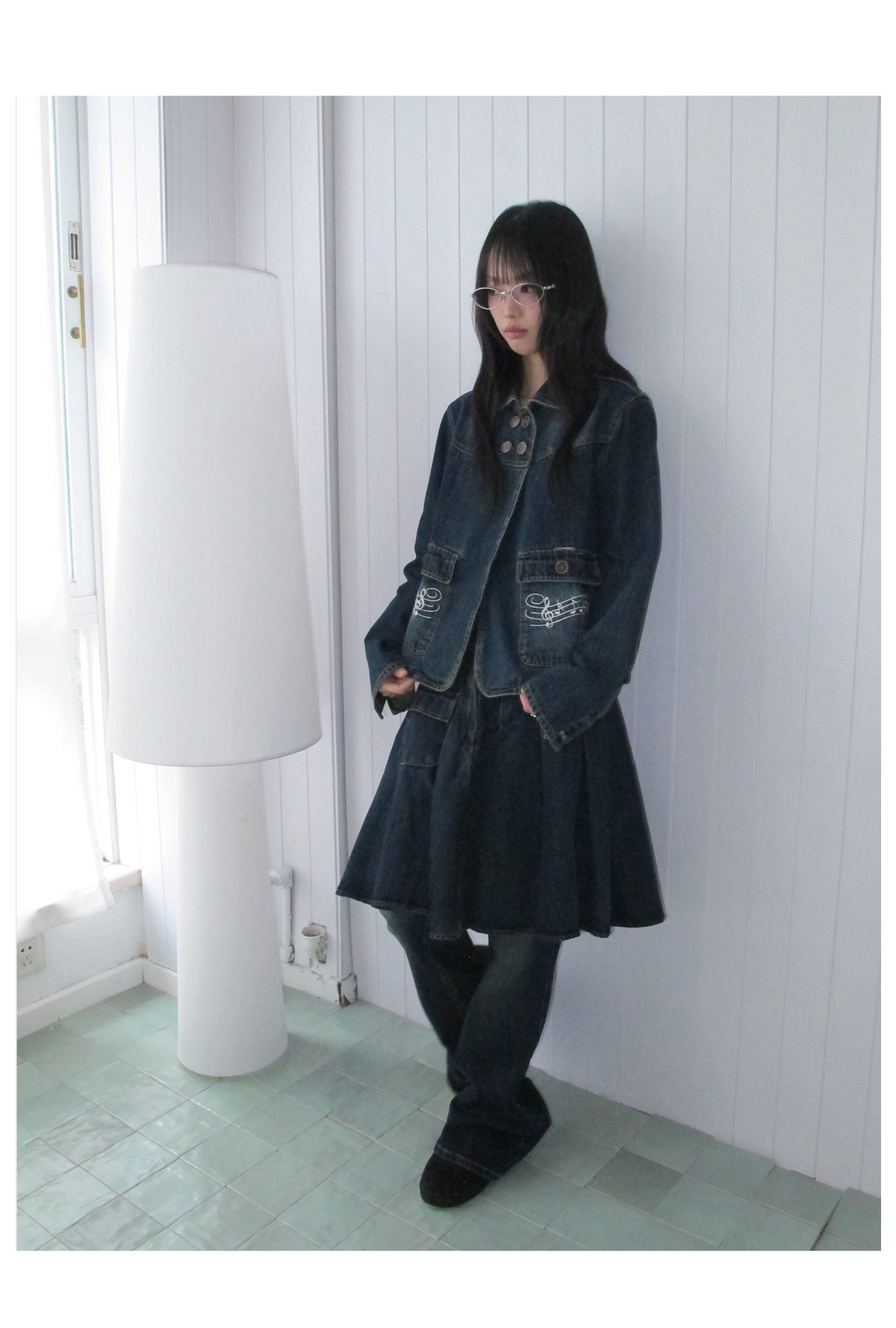 Washed Denim Utility Pleated Skirt