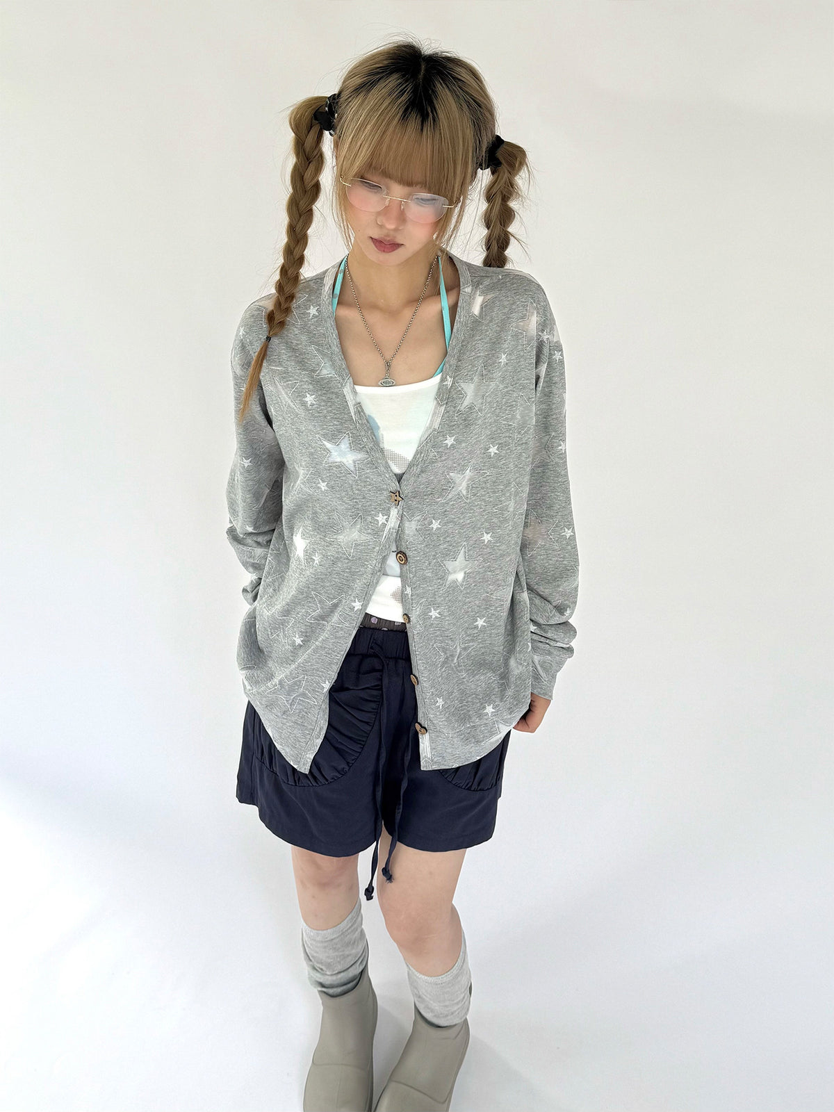 Star Print Lightweight V-Neck Cardigan