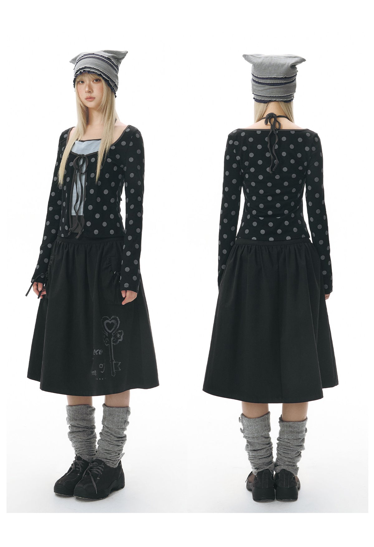 Polka Dot Tie-Front Layered Halter Long Sleeve Top