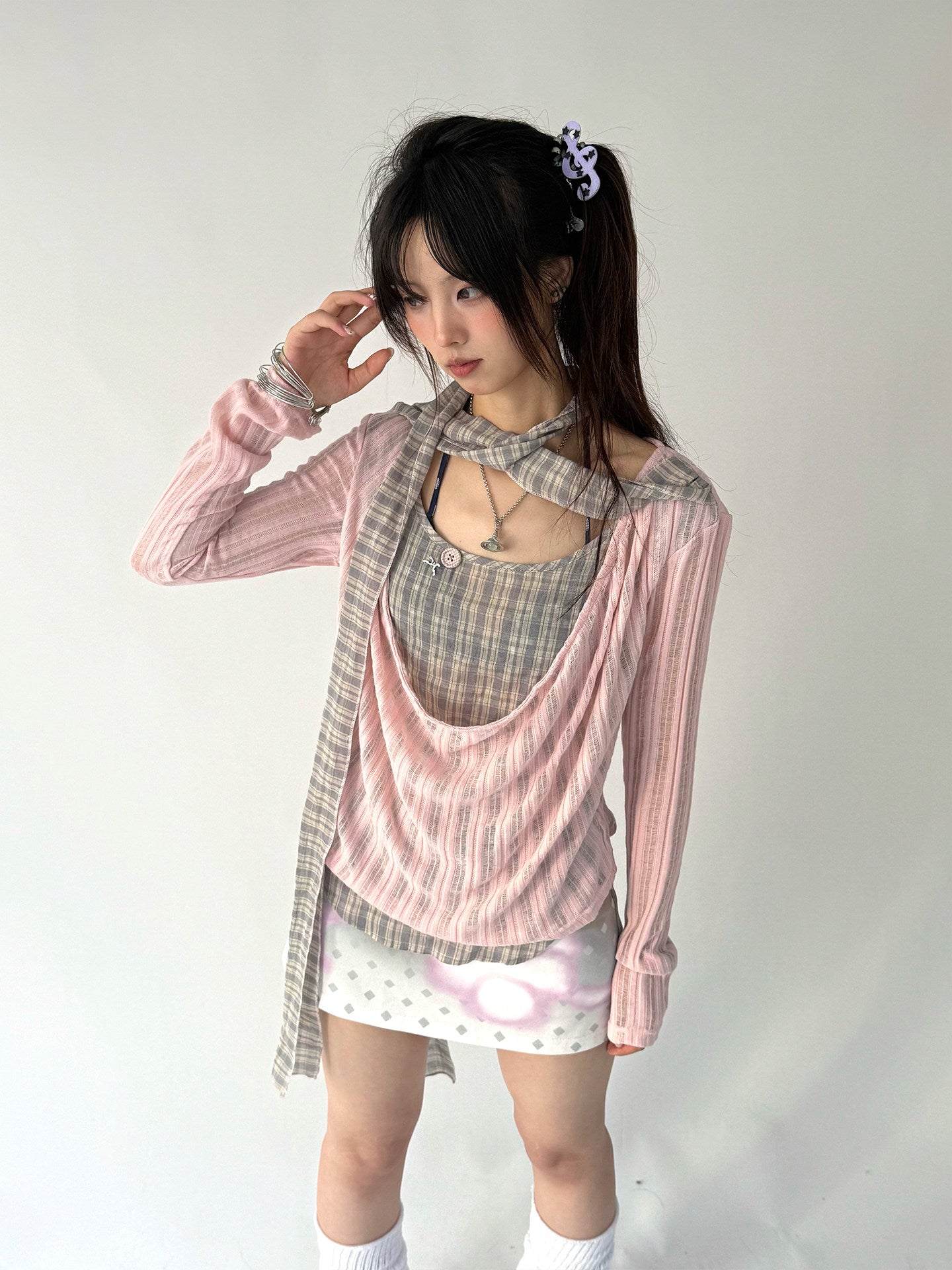 Dusty Pink Plaid Cowl-Neck Layered Top