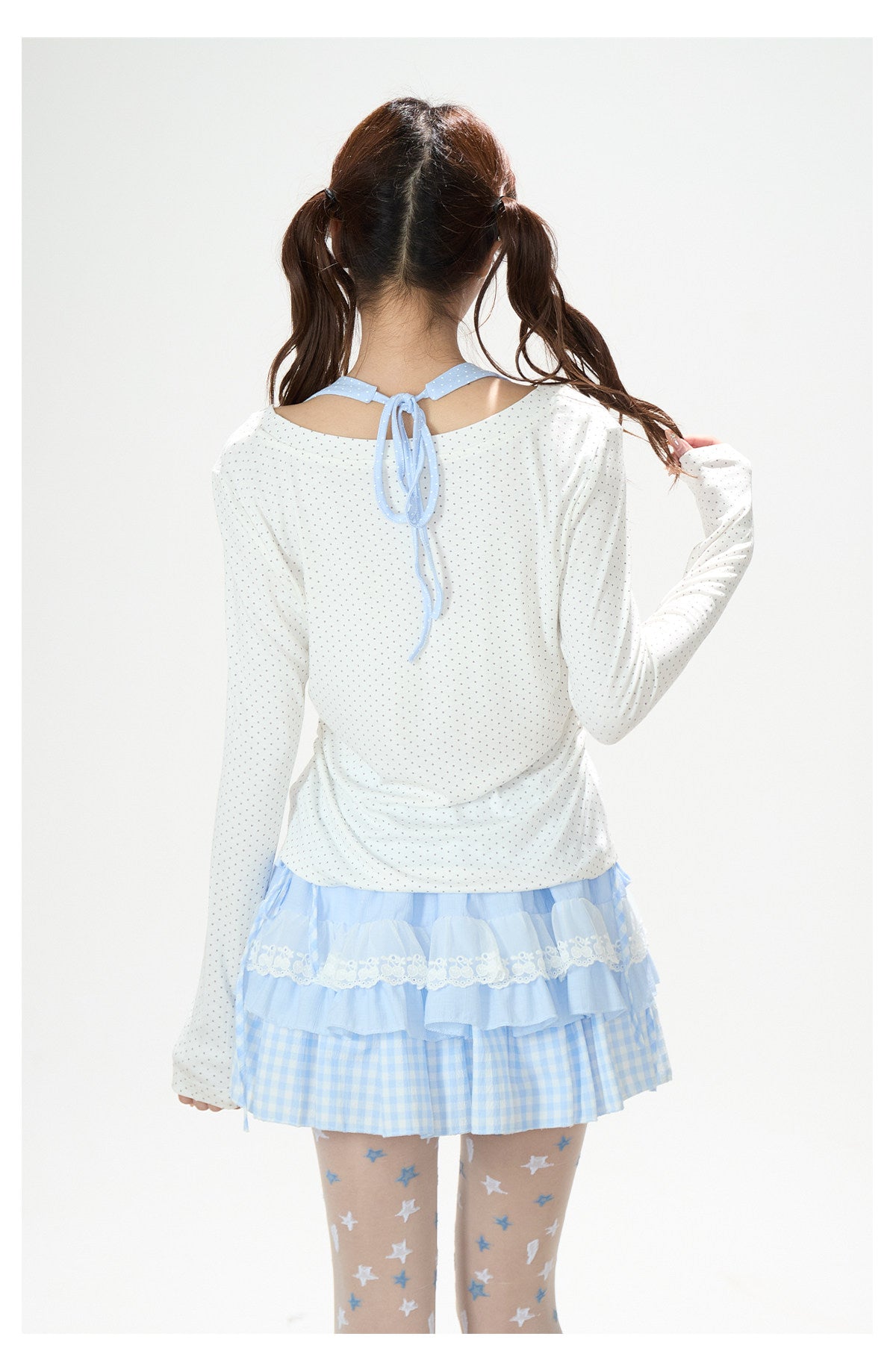 Dreamy Dolphin Polka-Dot V-Neck Long Sleeve Top & Gingham Ruffle Mini Skirt