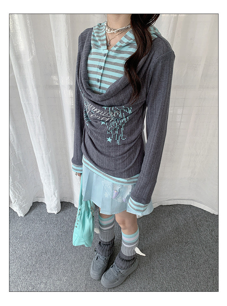 Draped Stripe-Collar Faux-Layer Long-Sleeve Top