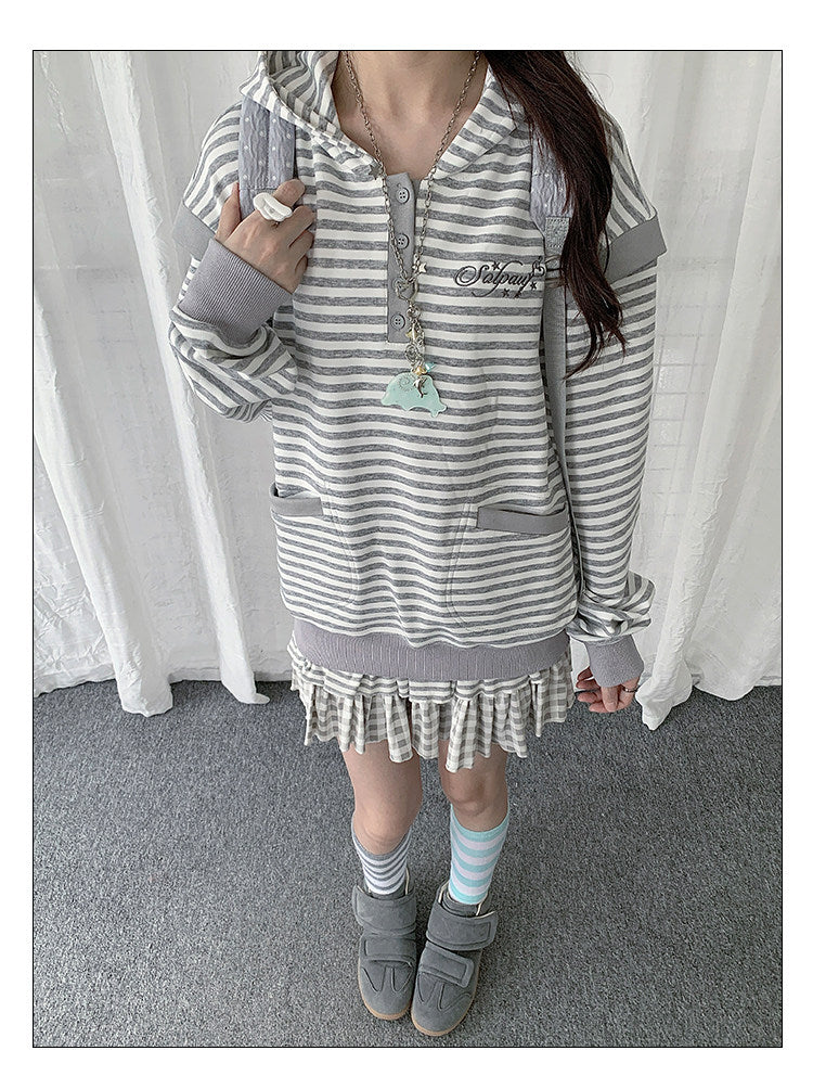 Striped Half-Placket Hooded Pullover