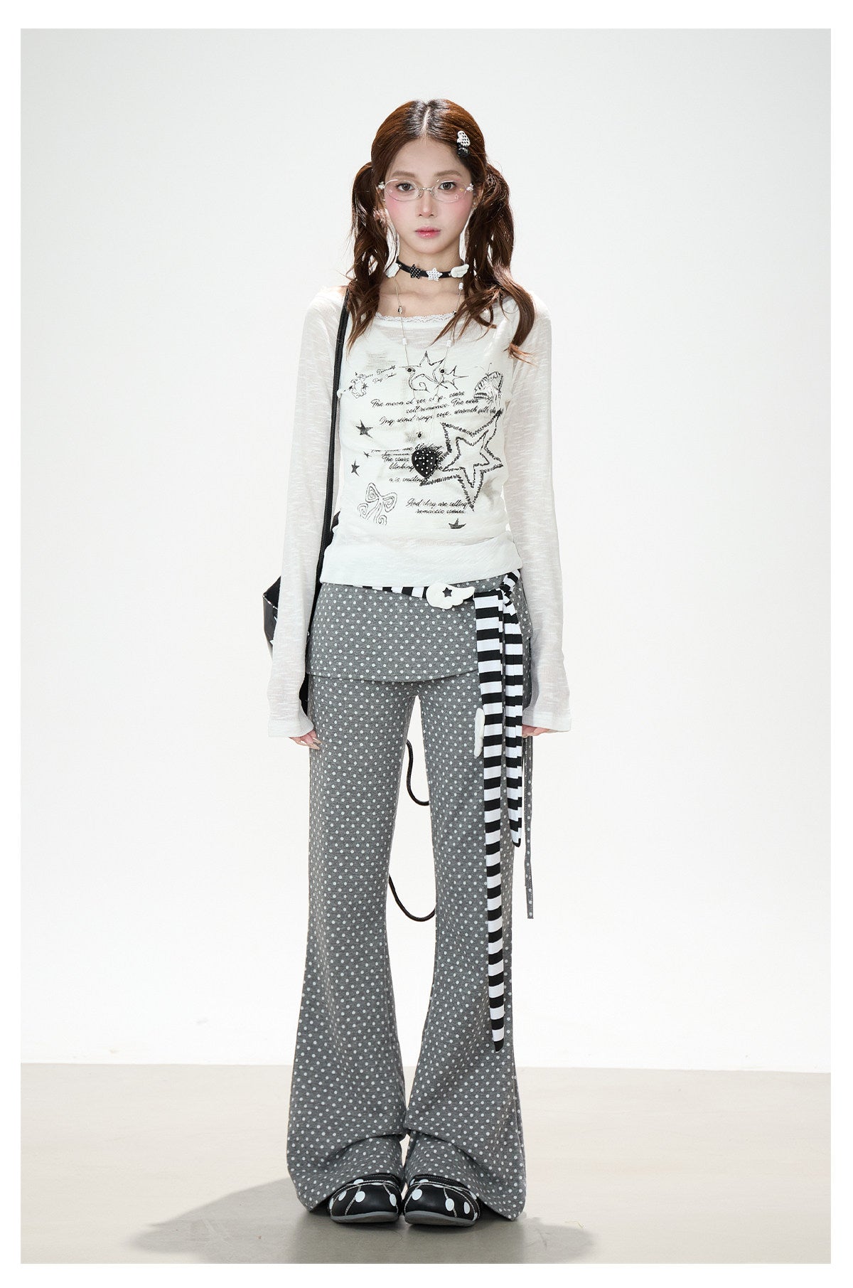 Polka Dot Wrap-Panel Flare Pants
