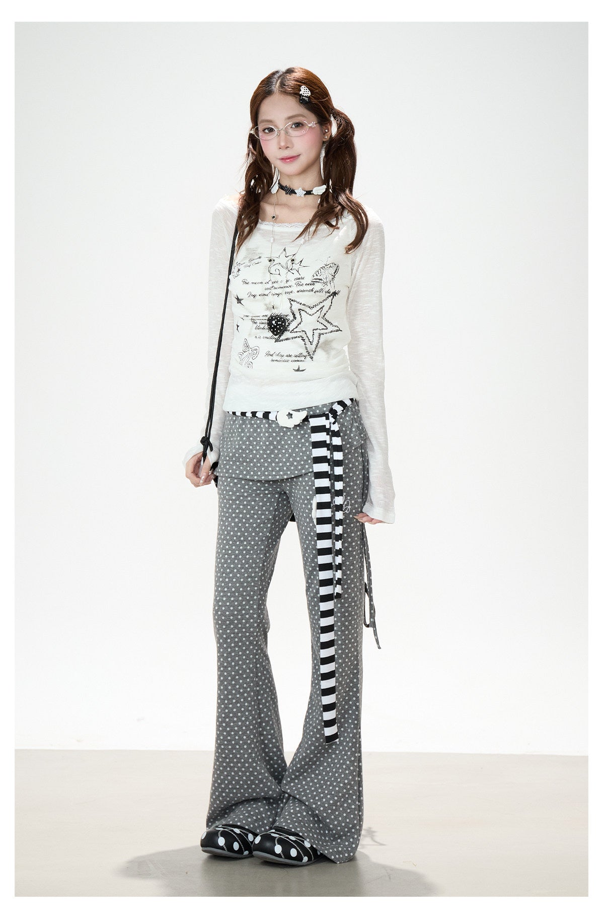Polka Dot Ruffle Overlay Flare Sweatpants