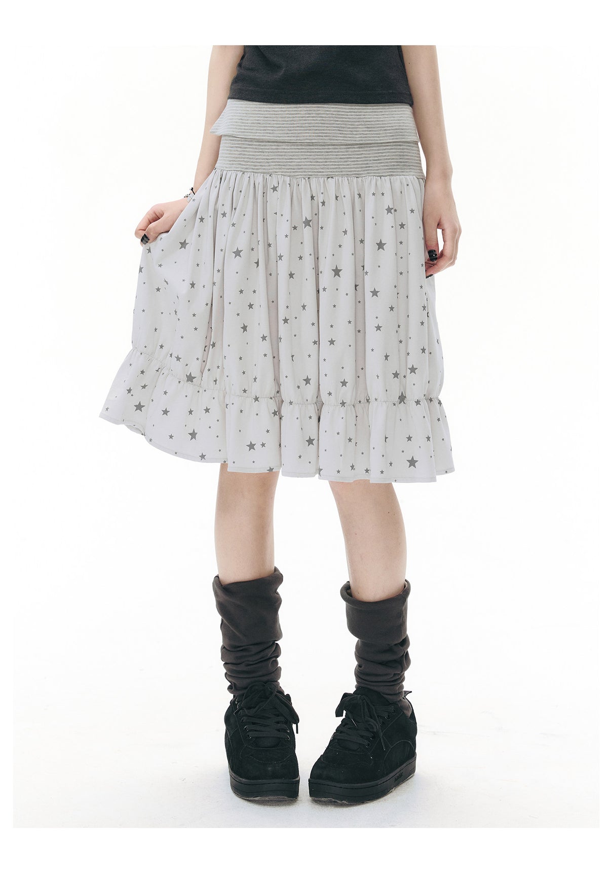 Star Print Striped-Waist Ruffle Midi Skirt
