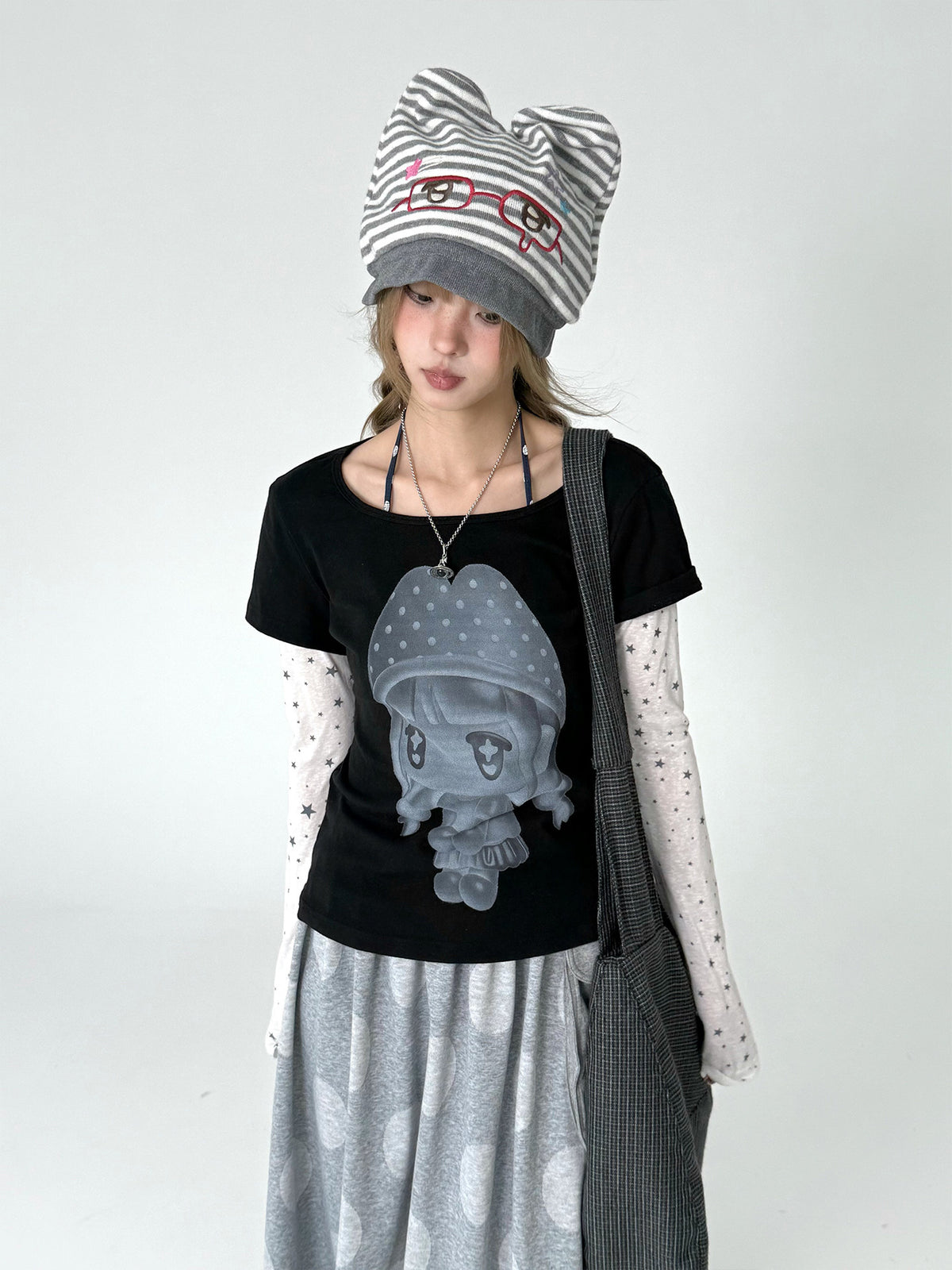 Mushroom Girl Star Faux-Layered Long Sleeve Tee
