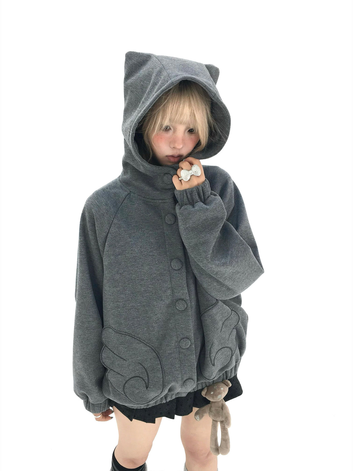 Cloud Gray Cat Ear Wing Pocket Hooded Jacket