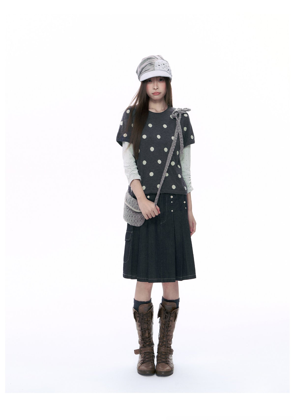 Embroidered Star Pleated Denim Midi Skirt